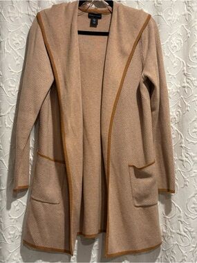 Adrienne Vittadini Beige Open-Front Hooded Cardigan with Camel Trim